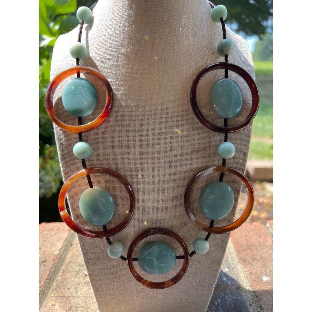 Sterling Silver Blue & Brown Agate Statement Necklace -- 18"
